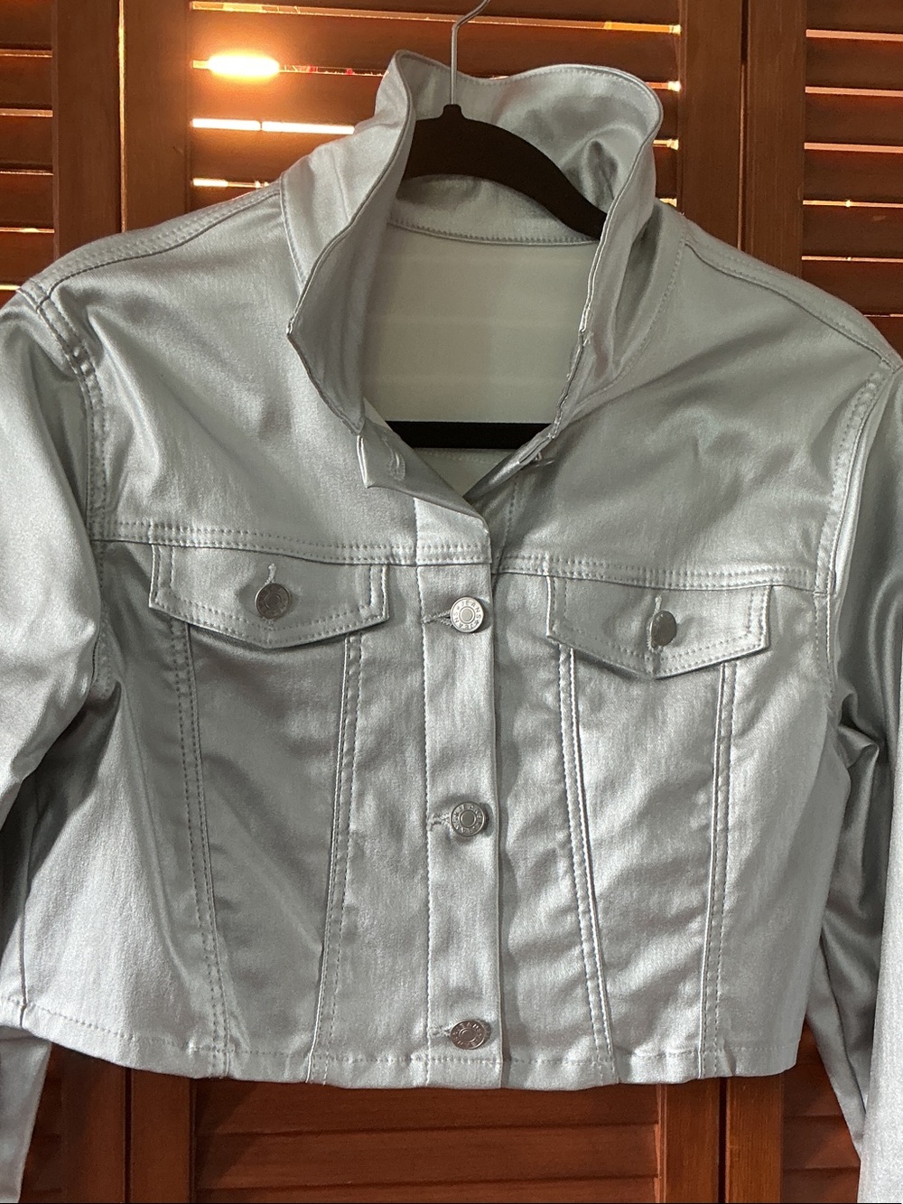 SHEIN Metallic Silver Cropped Jean Jacket